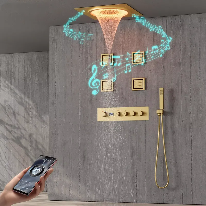 Home Bathroom Spa - スマートLEDシャワーセット 浴室音楽内蔵レインフォールシステム ブラックマット 壁掛け式 高級スパ ホームホテル装飾ギフト