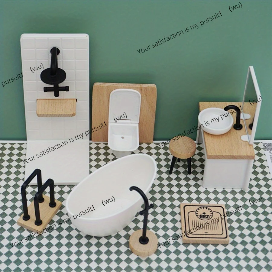 Home Bathroom Scene - バスルームシーンモデル、模擬ミニハウス、木製家具撮影小道具
