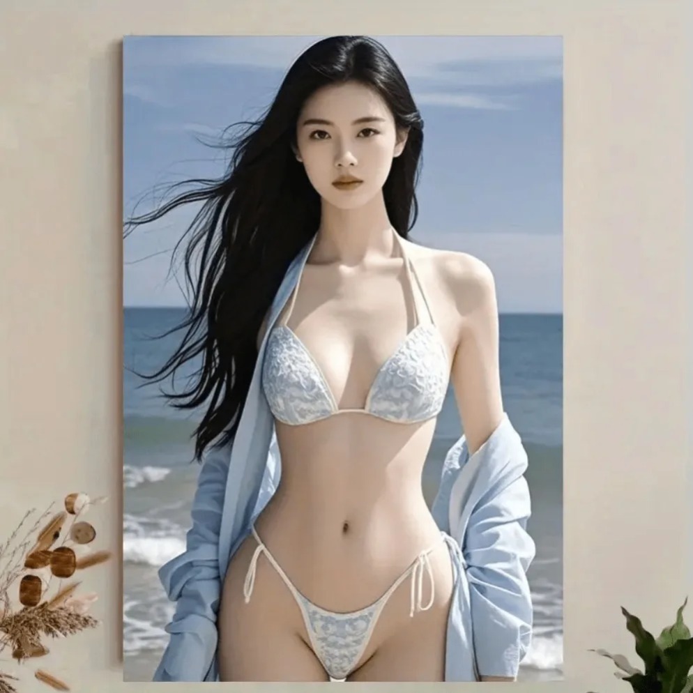 Home Bathroom Scene - リビングルーム用ビーチウォールアート、ブルービキニオーシャンシーン、エレガントな家の装飾、寝室、バスルーム、キッチン用。