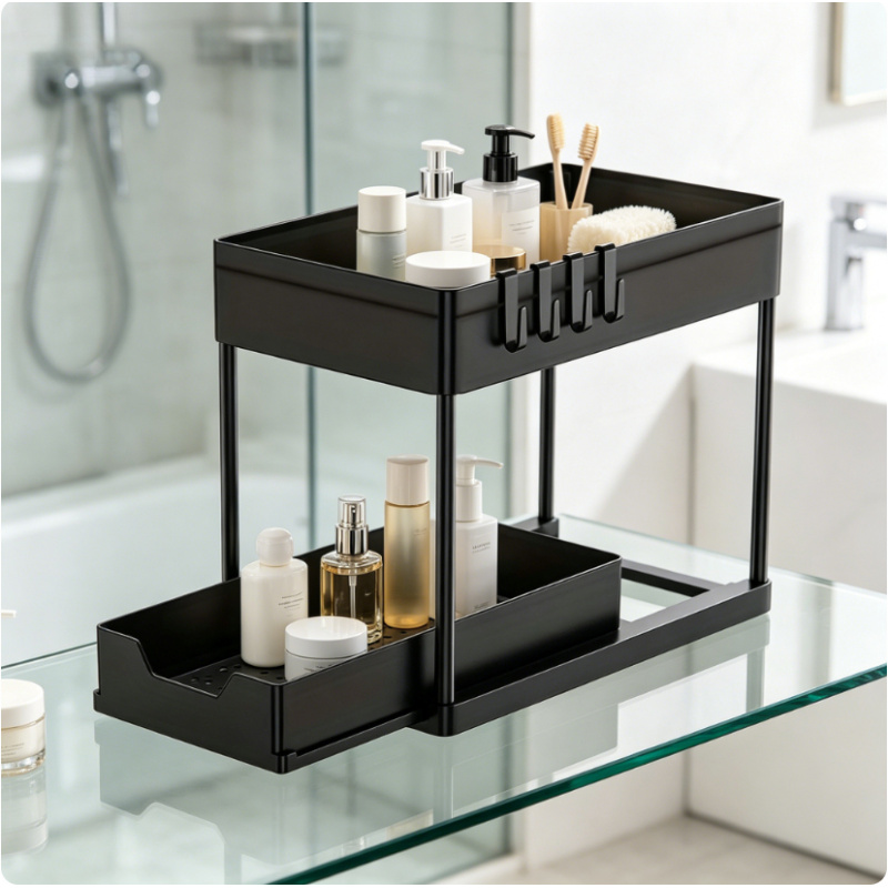 Home Goods Bathroom Cabinets - 2段式シンク下スライドオーガナイザーラック、フック付き吊り下げカップバスケット収納、キッチン/バスルームキャビネット用