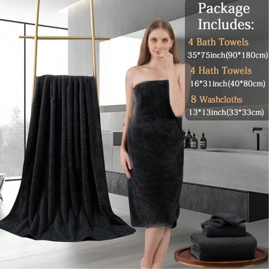 Home Bathroom Spa - 特大バスタオルセット 高級モダンバスシーツセット 無地ダークグレー織りプラッシュ生地 8枚組 特大サイズ 超ソフト
