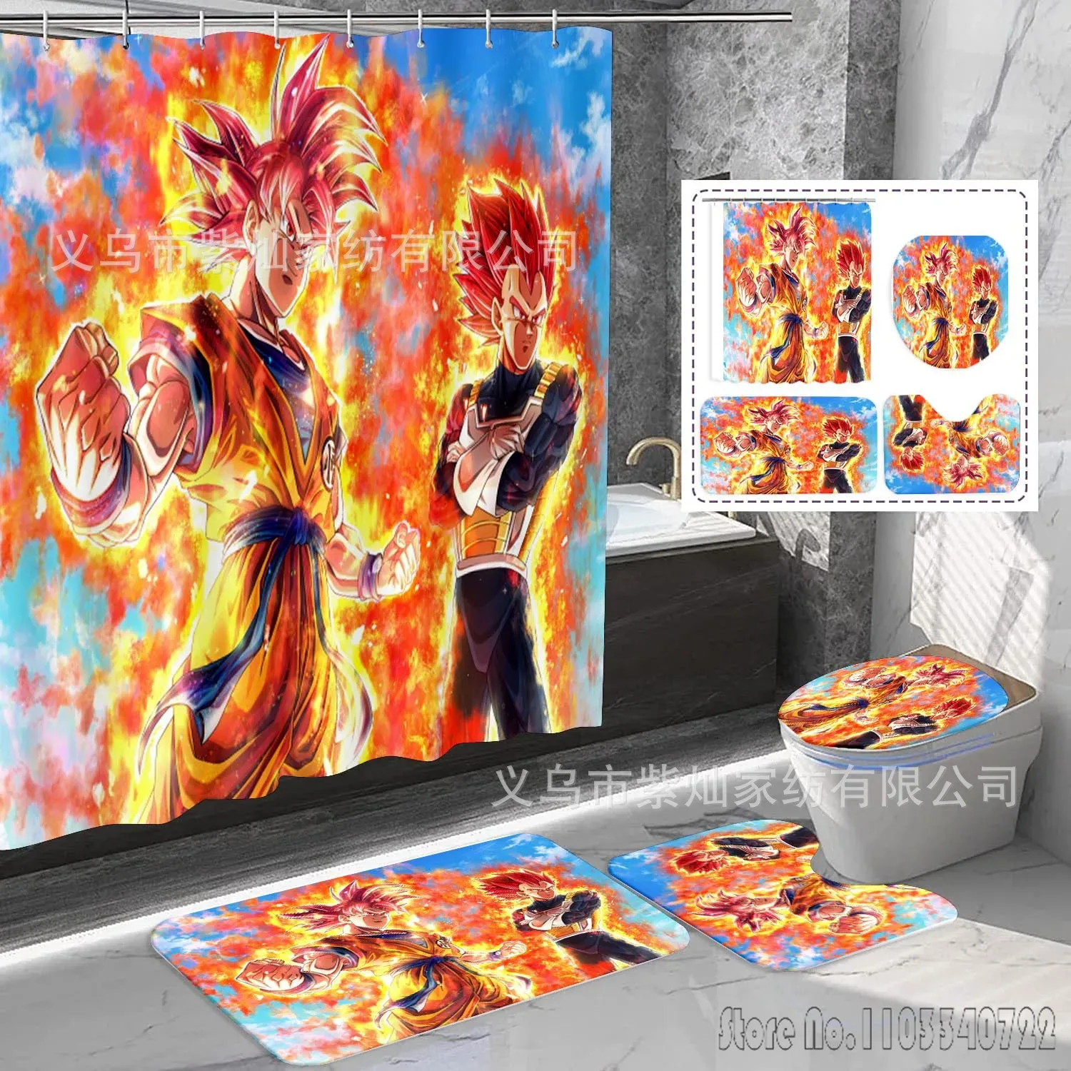 Home Bathroom Mats - 2026年アニメドラゴンボール孫悟空シャワーカーテンセット4点防水浴室カーテン滑り止めマットトイレ蓋カバーバスマット