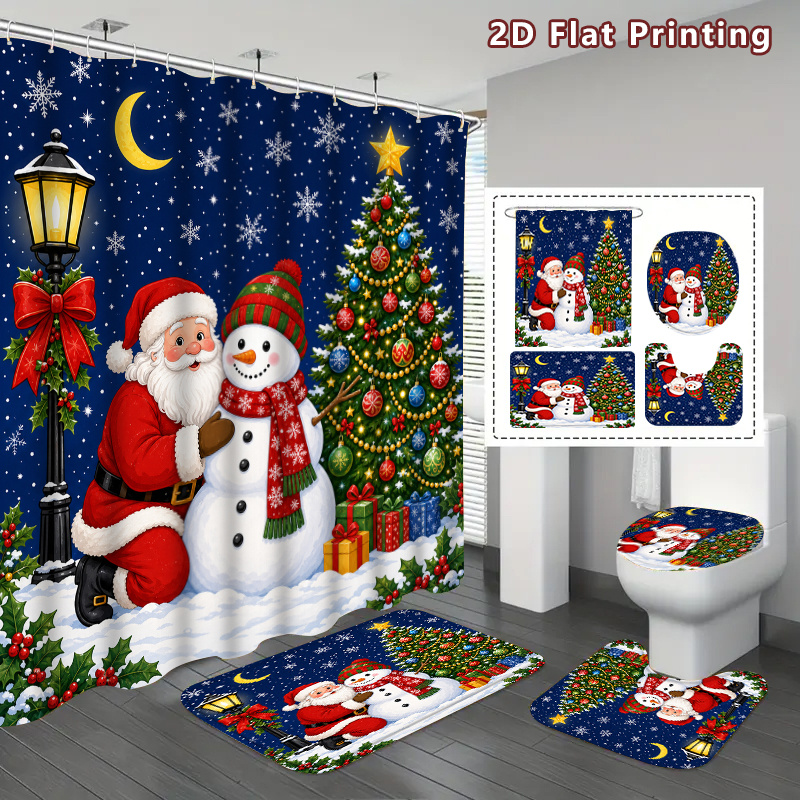 Home Bathroom Scene - 2Dフラット、2Dフラット4ピースクリスマスサンタと雪だるまシャワーカーテンセット、お祝いの赤と緑の冬の休日シーンのバスルーム装飾、追加アイテム付き、U字型、トイレ蓋カバー、シャワーカーテンにはフック付き、家の装飾、バスルームのアクセサリー