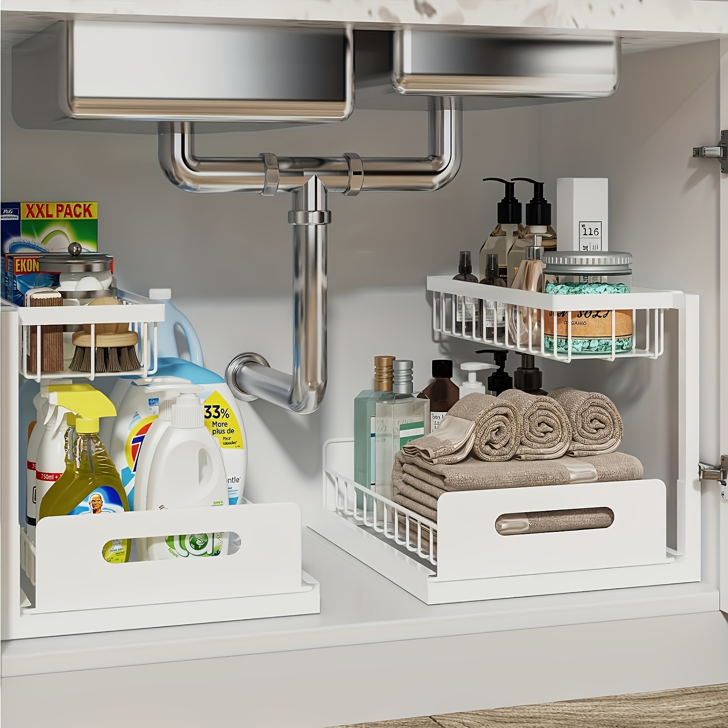 Home Goods Bathroom Cabinets - シンク下収納ラック、2段スライド式キャビネット収納、キッチン＆バスルームデスク整理整頓用