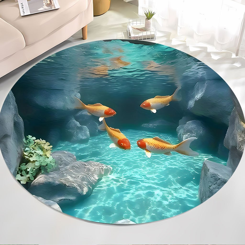 Home Bathroom Scene - 鯉の池ラウンドラグフリースリアルな水中シーン水族館テーマフロアマット日本の禅庭リビングルーム寝室の装飾