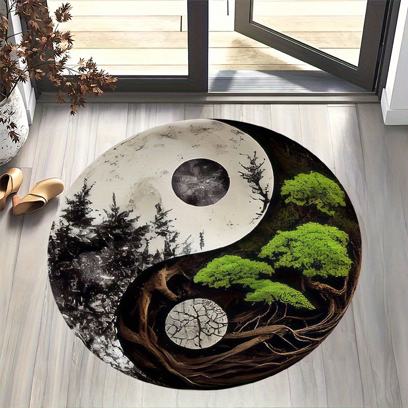 Home Bathroom Scene - 1pc 太極拳スタイルの夜景ラウンドエリアマット - フランネルソフトクッション、滑り止め、陰陽デザインの機械製ポリエステルマット