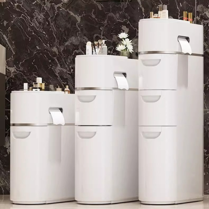 Home Goods Bathroom Cabinets - クリアな引き出し式バスルーム収納キャビネット、トイレ用の車輪付き防水多層オーガナイザー、スリムで省スペースの化粧台