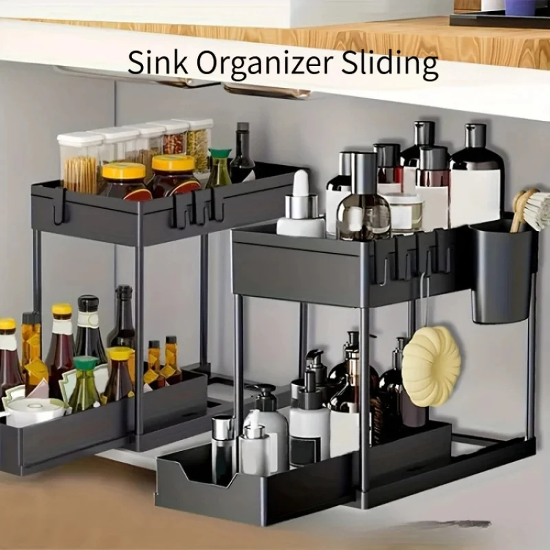 2段式シンク下スライドオーガナイザーラック、フック付き吊り下 - Home Goods Bathroom Cabinets のレビューと価格