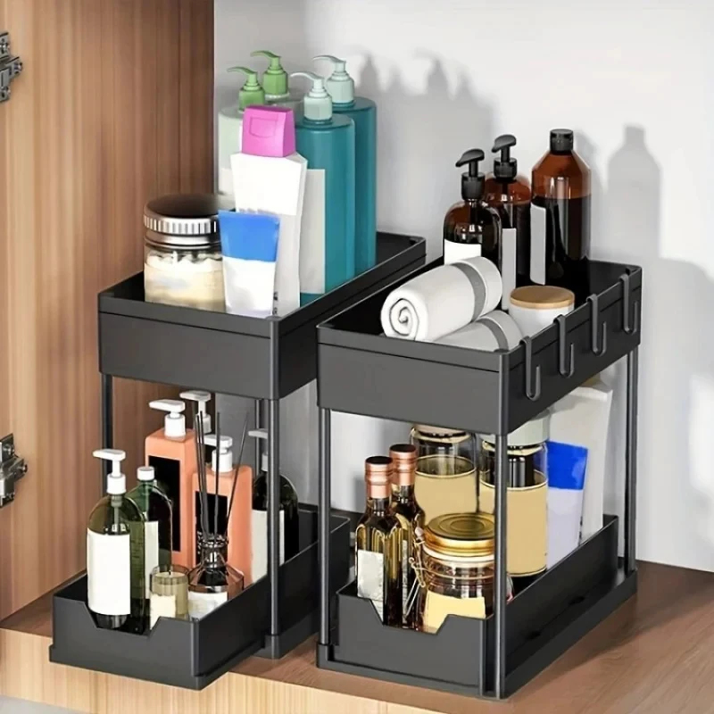 2段式シンク下スライドオーガナイザーラック、フック付き吊り下 - Home Goods Bathroom Cabinets のレビューと価格