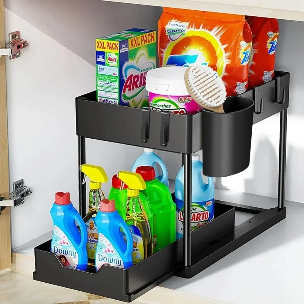 2段式プルアウトシンク下収納オーガナイザー、フックとカップ付 - Home Goods Bathroom Cabinets のレビューと価格
