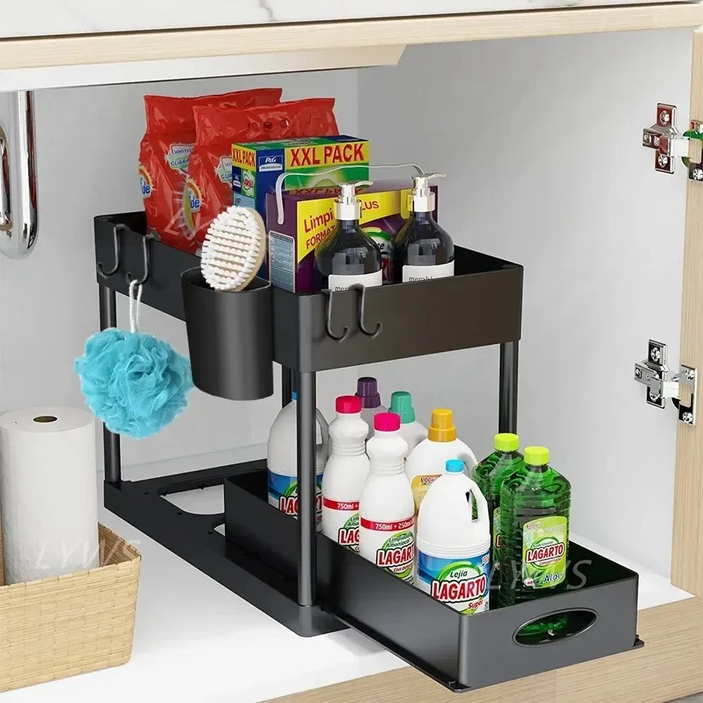 2段式プルアウトシンク下収納オーガナイザー、フックとカップ付 - Home Goods Bathroom Cabinets のレビューと価格