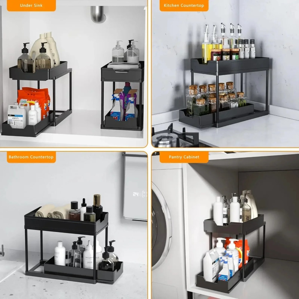 2段式プルアウトシンク下収納オーガナイザー、フックとカップ付 - Home Goods Bathroom Cabinets のレビューと価格