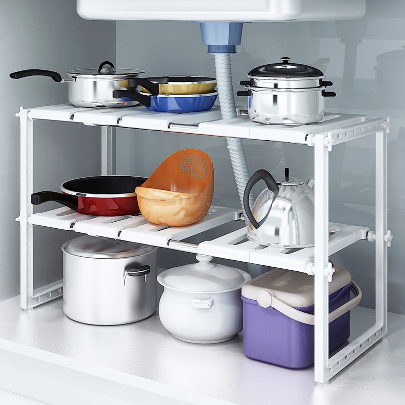 シンク下オーガナイザー 2段拡張可能なキャビネット棚、取り外 - Home Goods Bathroom Cabinets のレビューと価格