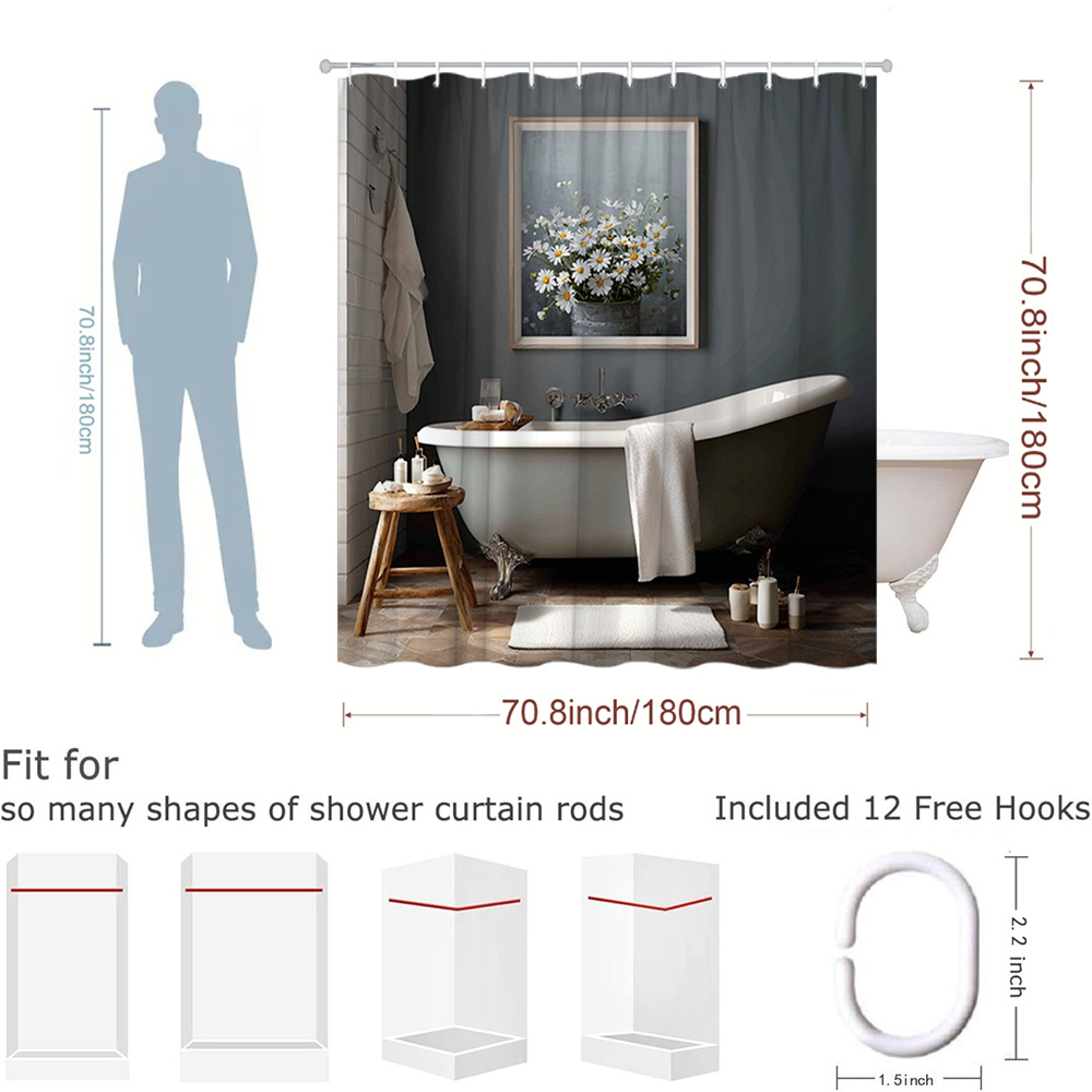 防水シャワーカーテングレー浴室カーテン 180x200cm  - Home Bathroom Spa のレビューと価格