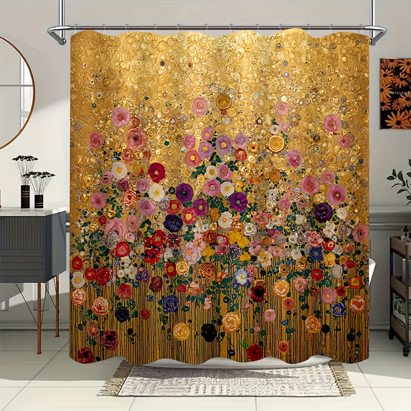 高級ゴールド花柄プリントシャワーカーテン防水ポリエステルバス - Home Bathroom Spa のレビューと価格
