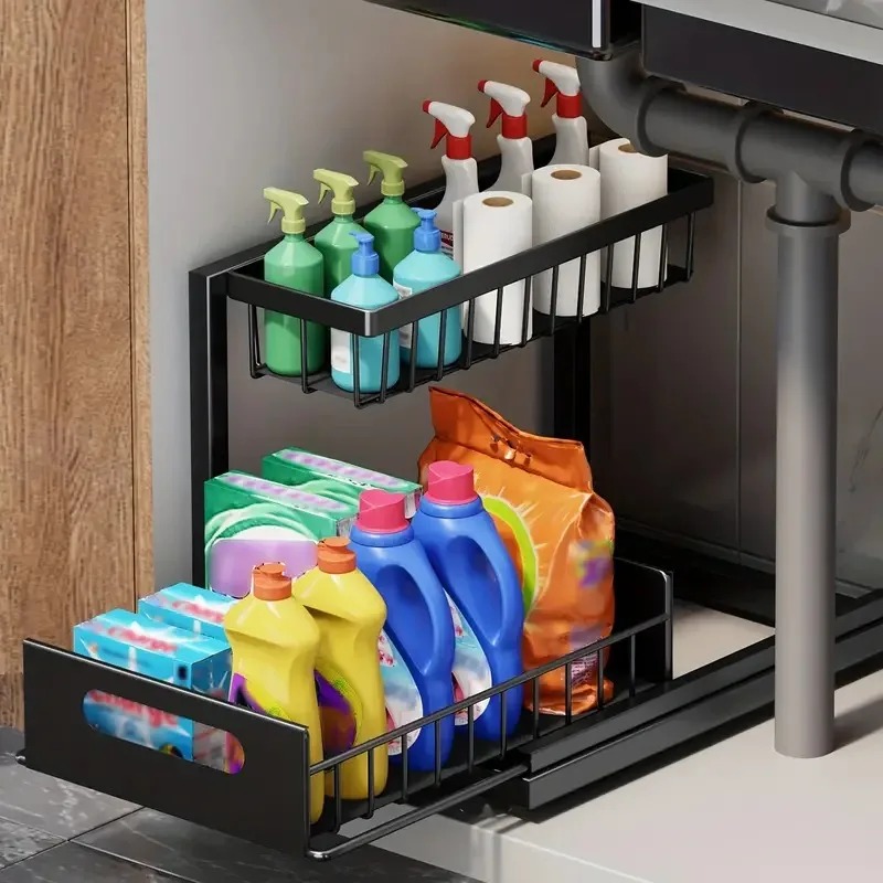 2段式シンク下収納ラック、スライド式引き出し収納ワイヤーバス - Home Goods Bathroom Cabinets のレビューと価格